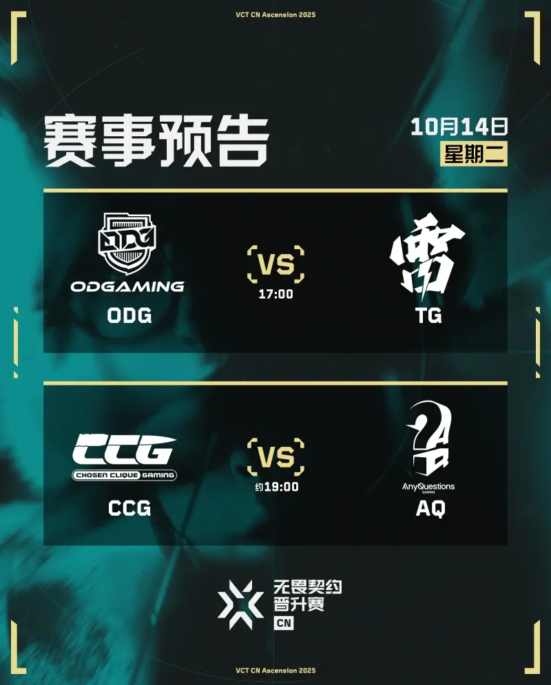 [雷火官网]VCT CN联赛晋升赛今日预告：ODG vs TG；CCG vs AQ