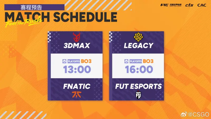 [雷火官网]CAC淘汰赛首轮对阵：fnatic vs 3DMAX、Legacy vs FUT